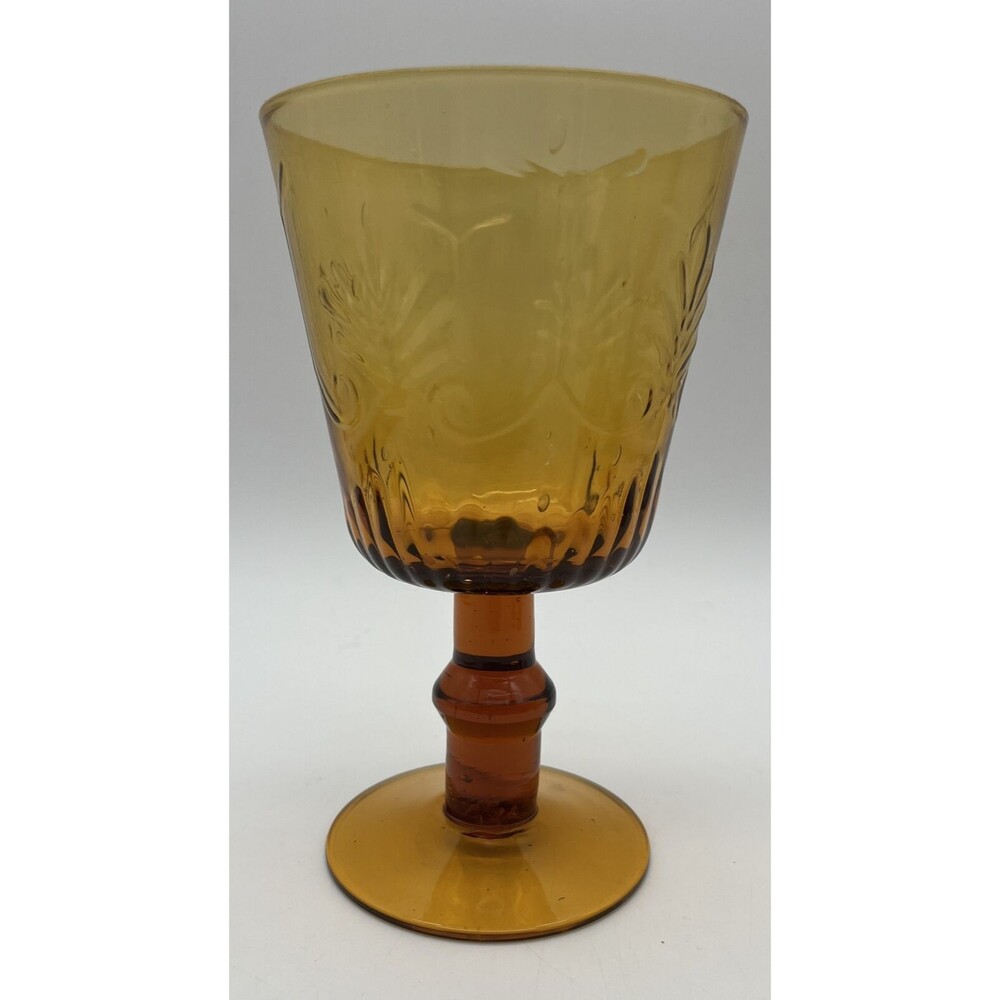 Vintage Amber "Circleware" Glass Water Wine Goblet Made in China Fleur de lis